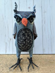 Denim textile owl, front view