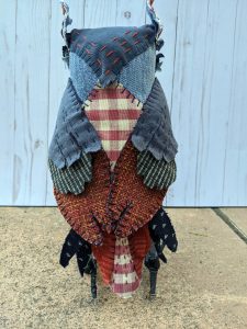 Denim textile owl, back view