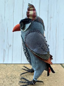 Denim textile owl, side view