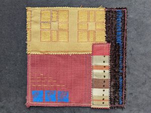 Mustard, read and brown stitched collage